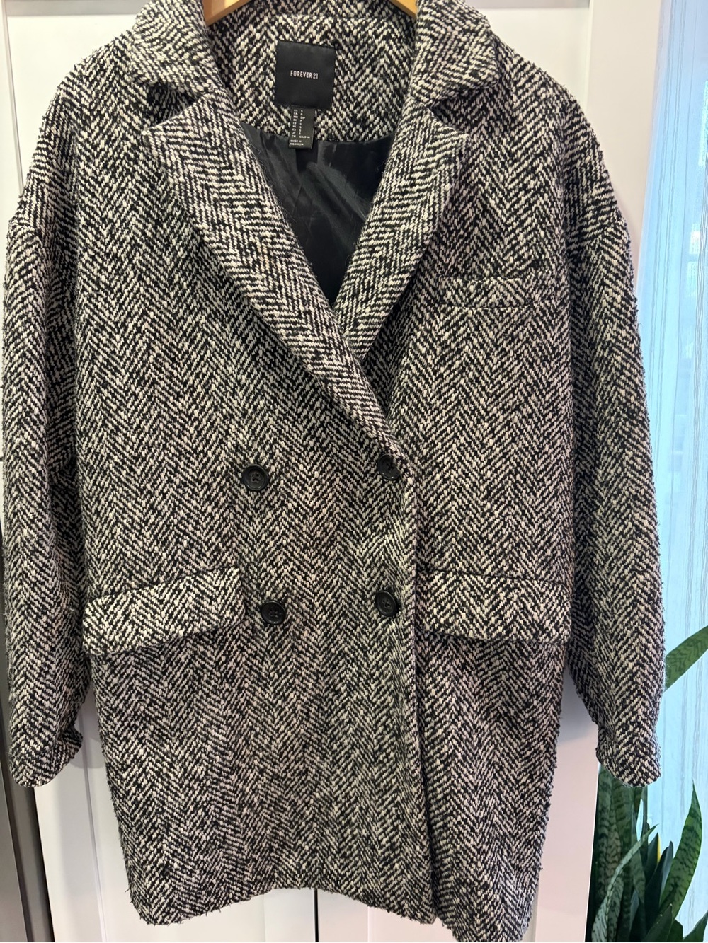 Forever 21 Black and White Herringbone Pea Coat